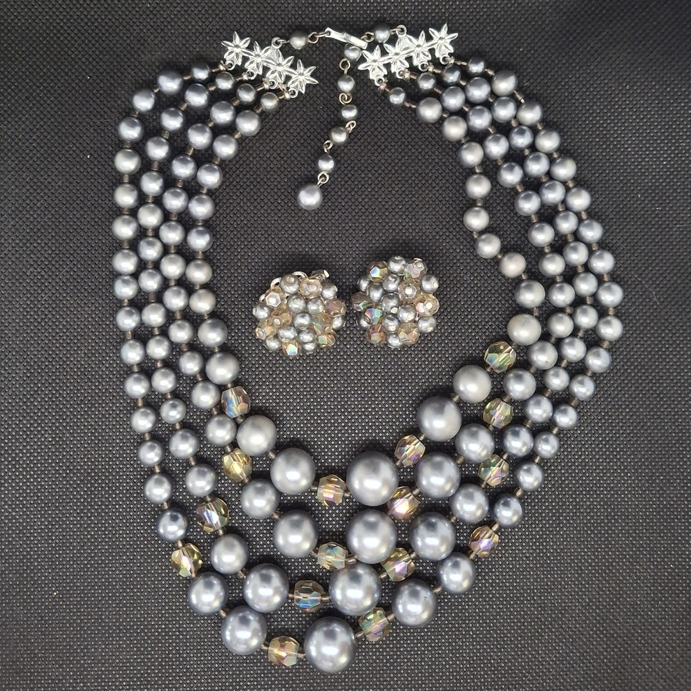 Midcentury Modern 1960s Gray Multi-Strand Faux Pearl Necklace And Earrings JAPAN